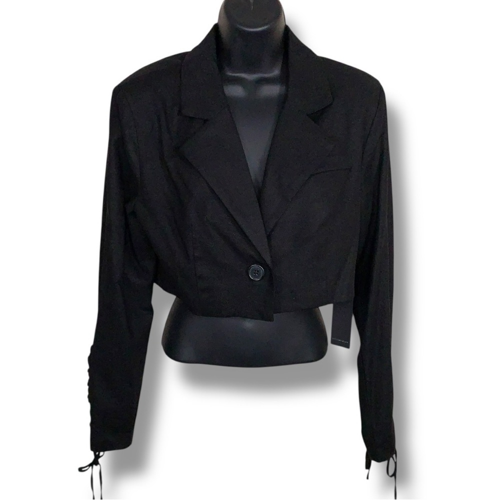 New Medium Forever 21 Black Cropped Blazer Lace Up Sleeves Goth Button Front